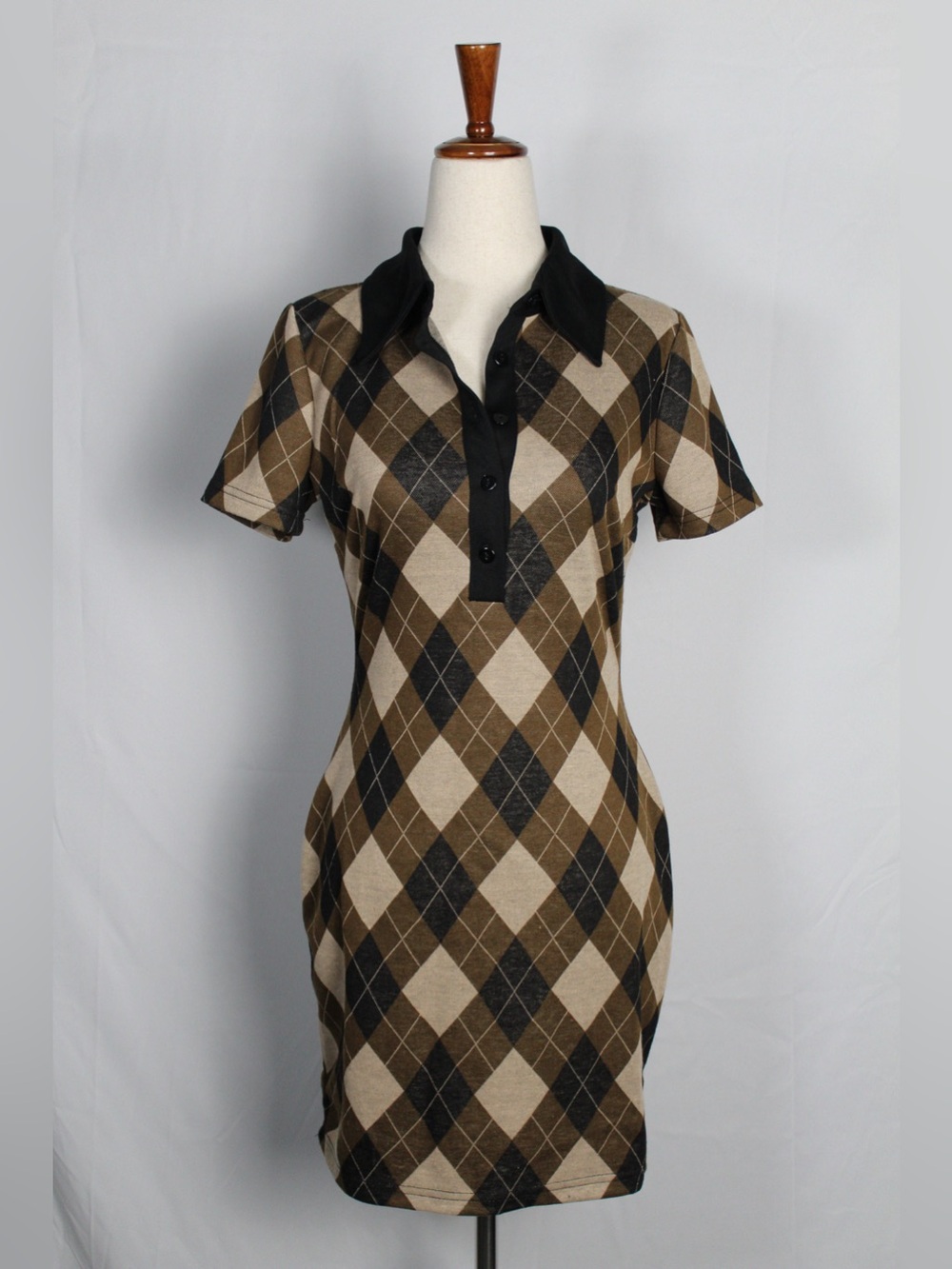 Vintage Stillettos Argyle Polo Mini Dress in Brown and Black
